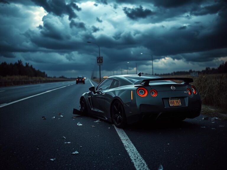 Flick International Wrecked Nissan GT-R sports car on a deserted highway after a DUI crash