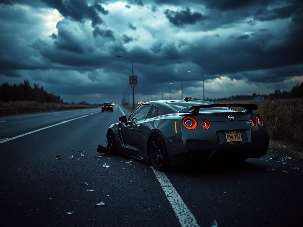 Flick International Wrecked Nissan GT-R sports car on a deserted highway after a DUI crash
