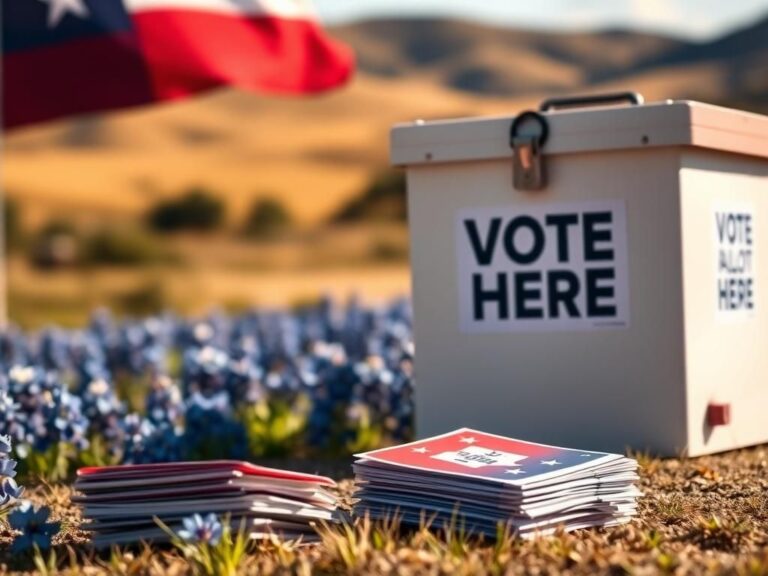 Flick International Close-up view of a locked ballot box with the Texas state flag in a Texas landscape.