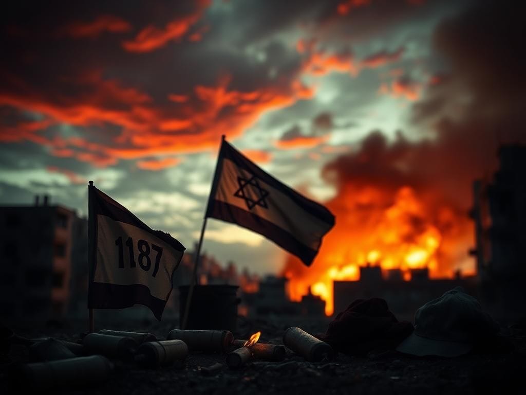 Flick International Blurred silhouette of a firebombing scene in an urban setting with an Israeli flag in the foreground