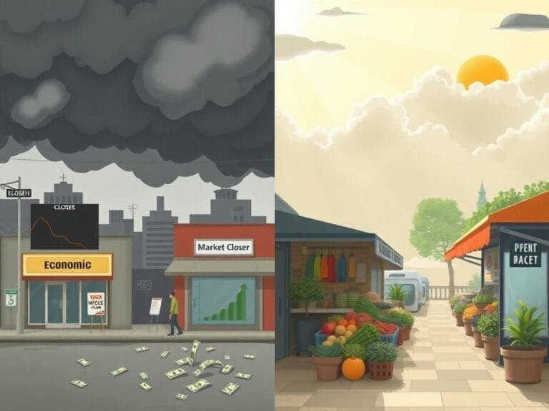 Flick International A split scene depicting contrasting economic sentiments with a gloomy urban landscape on the left and a bustling market on the right.