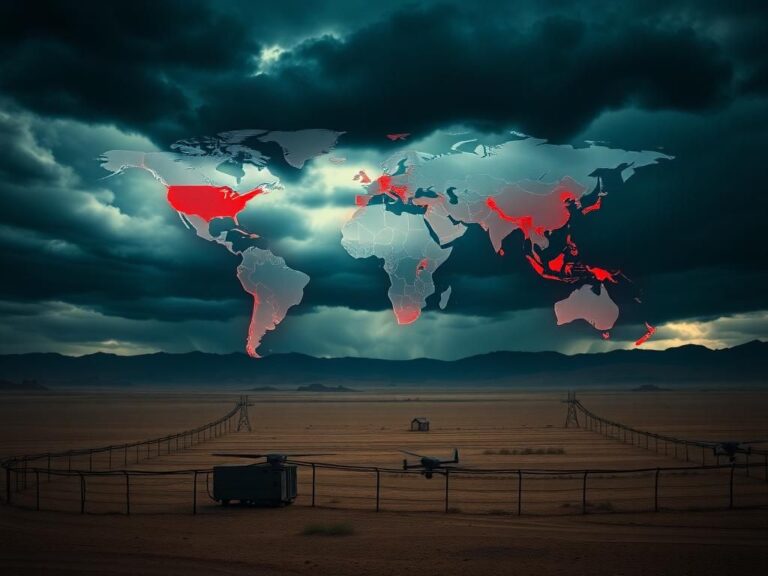 Flick International Dramatic landscape of a desert under a stormy sky representing geopolitical tension