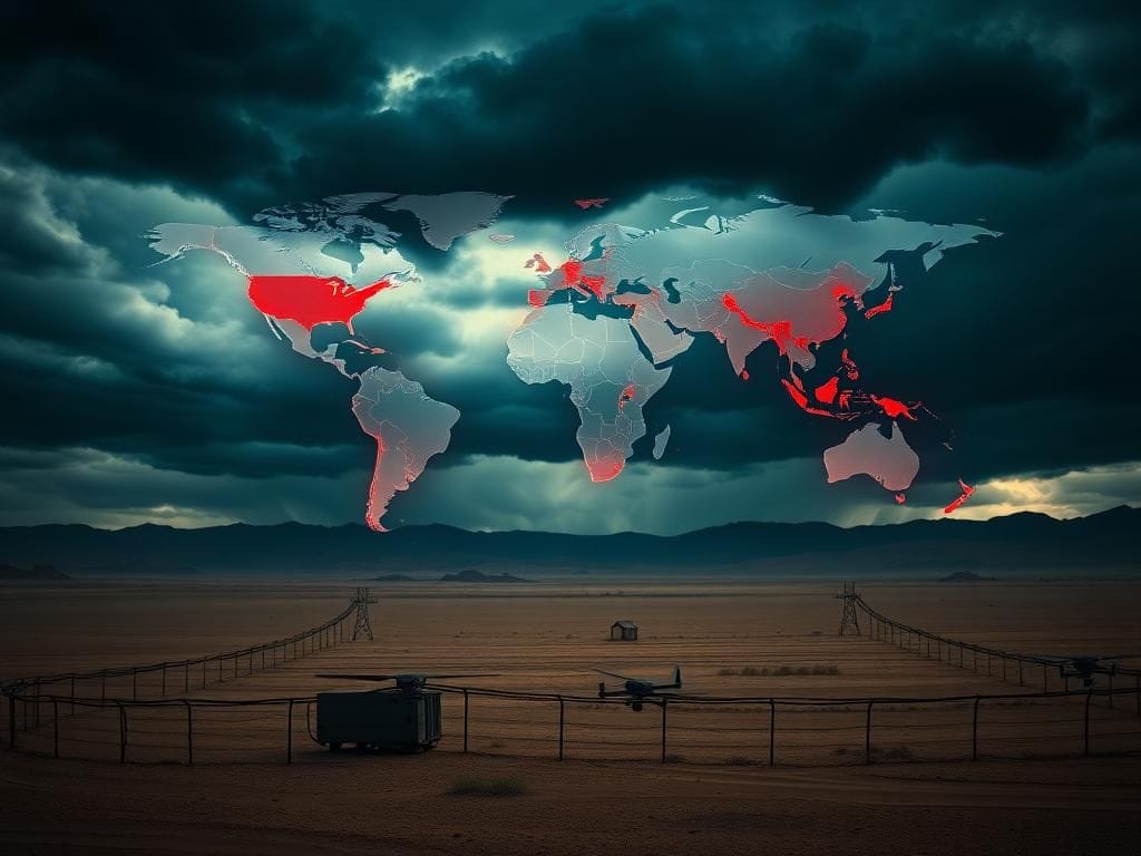 Flick International Dramatic landscape of a desert under a stormy sky representing geopolitical tension