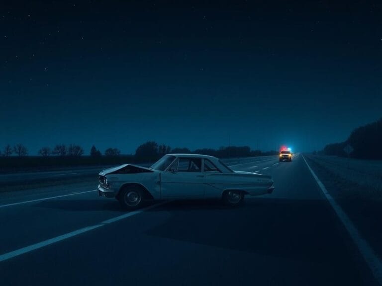 Flick International Wrecked classic car on a nighttime highway after an accident involving REO Speedwagon singer