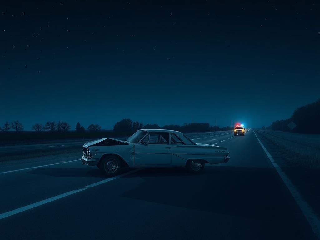 Flick International Wrecked classic car on a nighttime highway after an accident involving REO Speedwagon singer