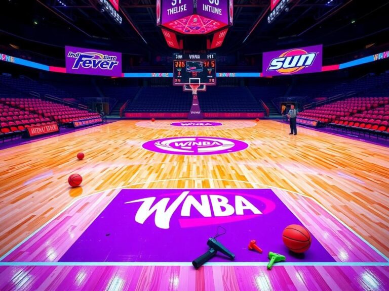 Flick International Dramatic basketball court scene showcasing vibrant atmosphere and WNBA logo