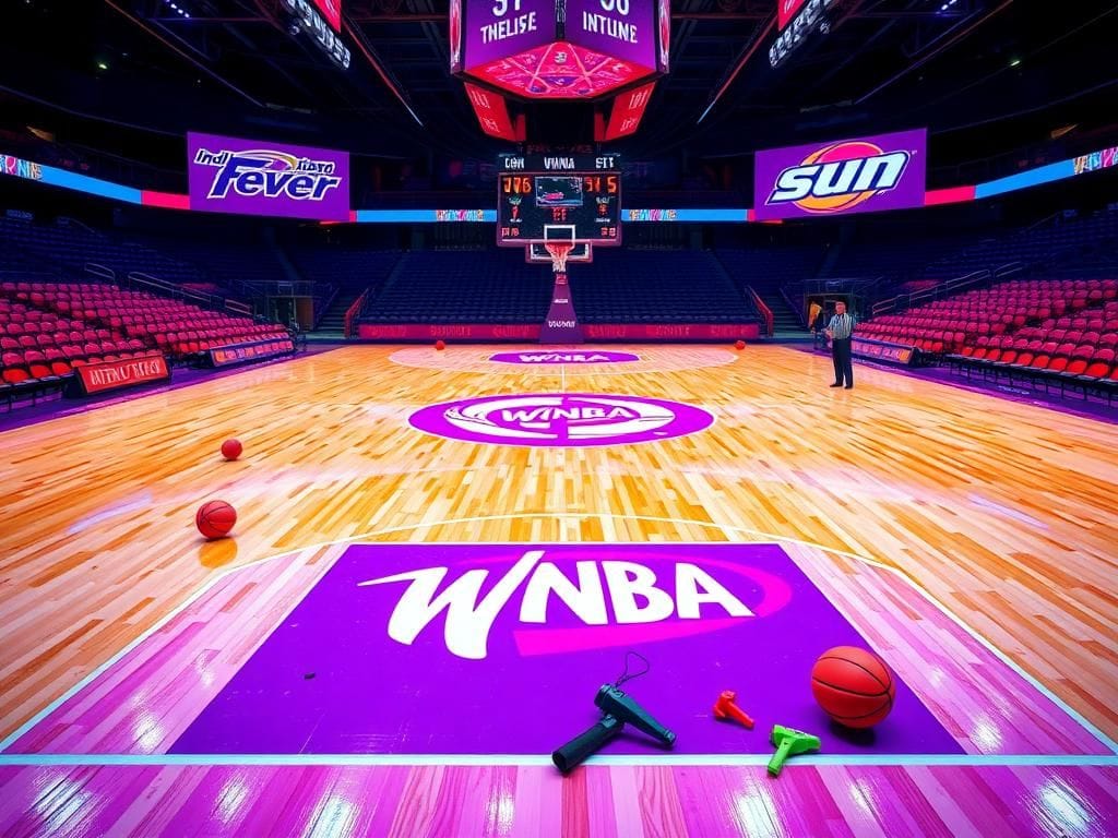 Flick International Dramatic basketball court scene showcasing vibrant atmosphere and WNBA logo