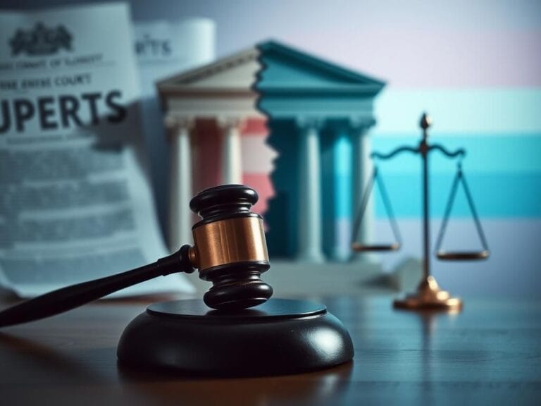 Flick International A gavel on a courtroom bench with blurred legislative documents and a broken rainbow flag symbolizing challenges to transgender rights