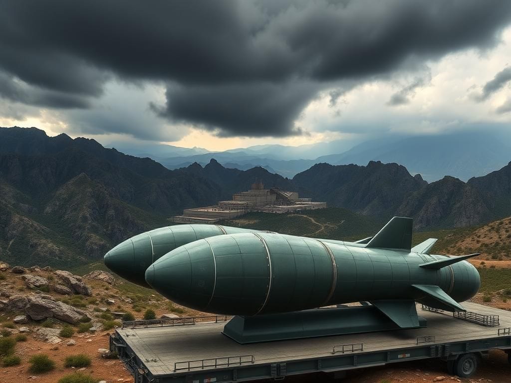 Flick International Aerial view of the Fordow nuclear facility showcasing its fortified structure amidst rugged mountains.
