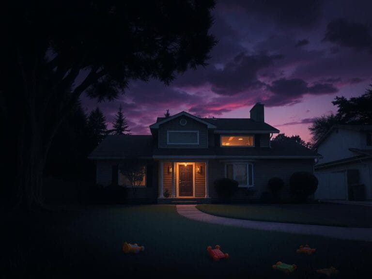 Flick International Suburban home at dusk with an ajar front door and scattered children's toys, evoking a sense of family drama.