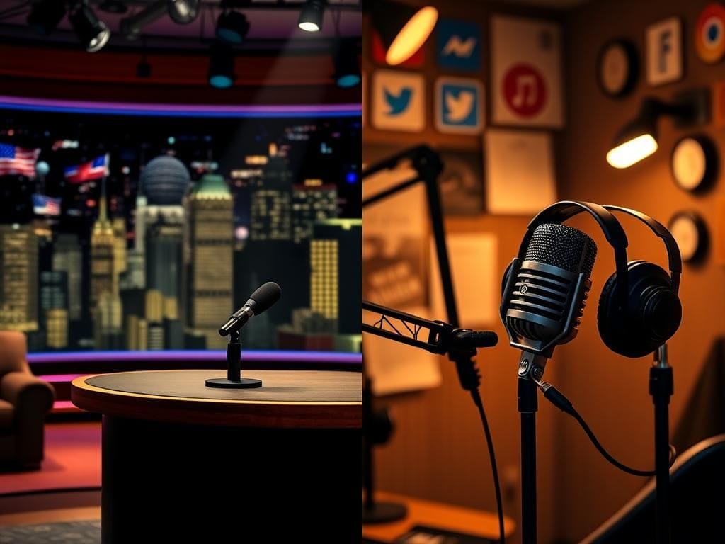 Flick International Split-screen image contrasting a traditional late-night talk show set with elements like a desk and microphone against a cozy podcasting space with soft lighting and headphones.