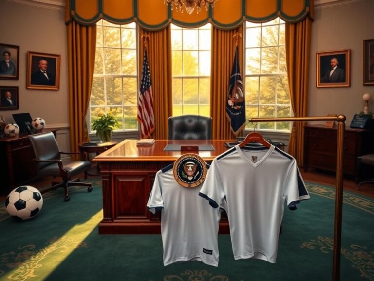 Flick International Interior of the Oval Office with an oak desk and a women's soccer jersey