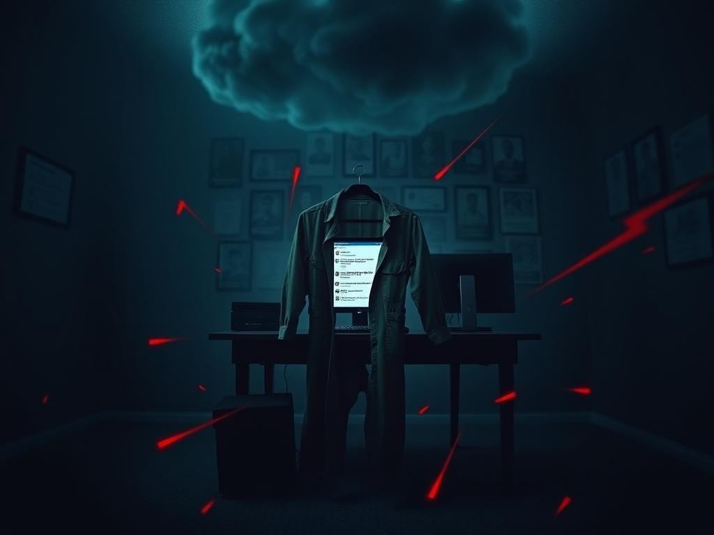 Flick International Dimly lit room with a desk cluttered with social media icons and a military jumpsuit, symbolizing tension and threats against Trump