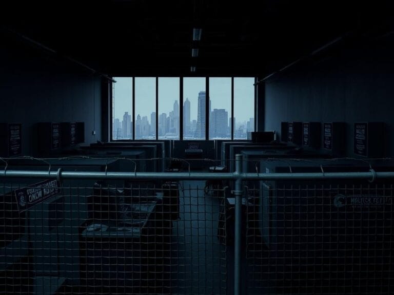 Flick International Interior view of an ICE facility in Chicago showcasing law enforcement themes and border control symbolism