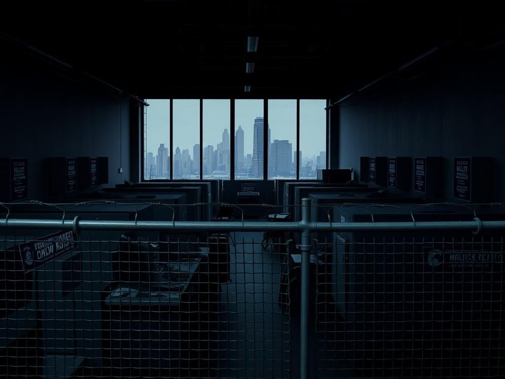 Flick International Interior view of an ICE facility in Chicago showcasing law enforcement themes and border control symbolism