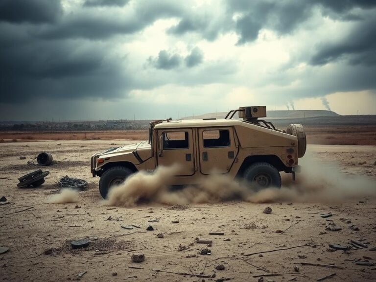Flick International Damaged military Humvee in a war-torn landscape of northern Gaza
