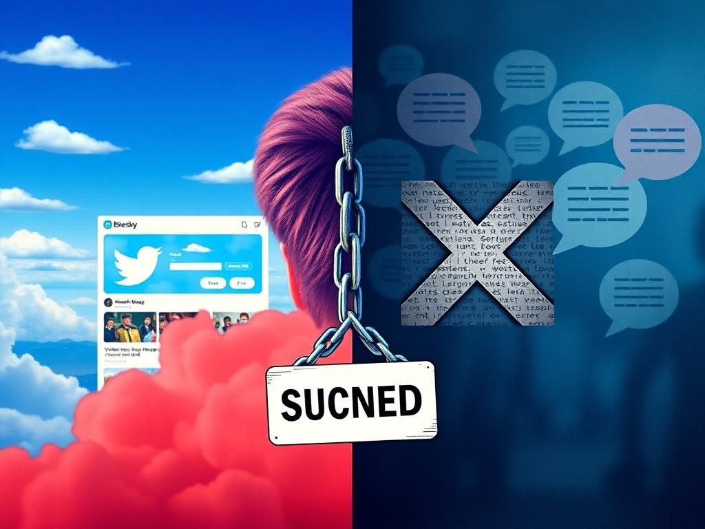 Flick International Digital artwork contrasting Bluesky and X platforms with JD Vance's suspended account symbol
