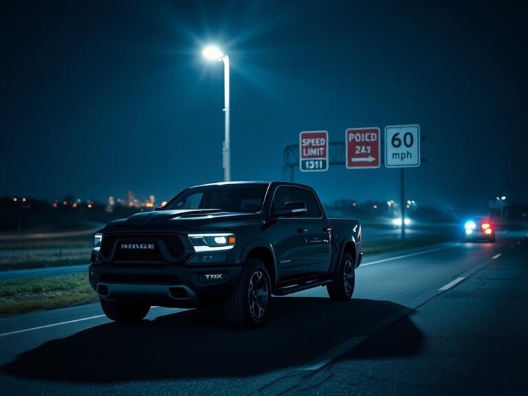 Flick International A nighttime view of a Dodge TRX truck parked under a streetlight in Ohio
