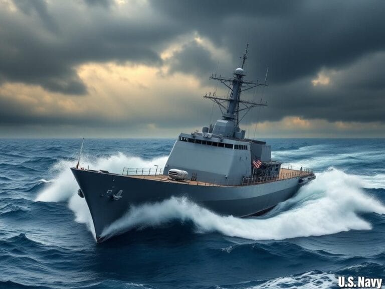 Flick International A modern U.S. Navy ship sailing confidently through turbulent ocean waters