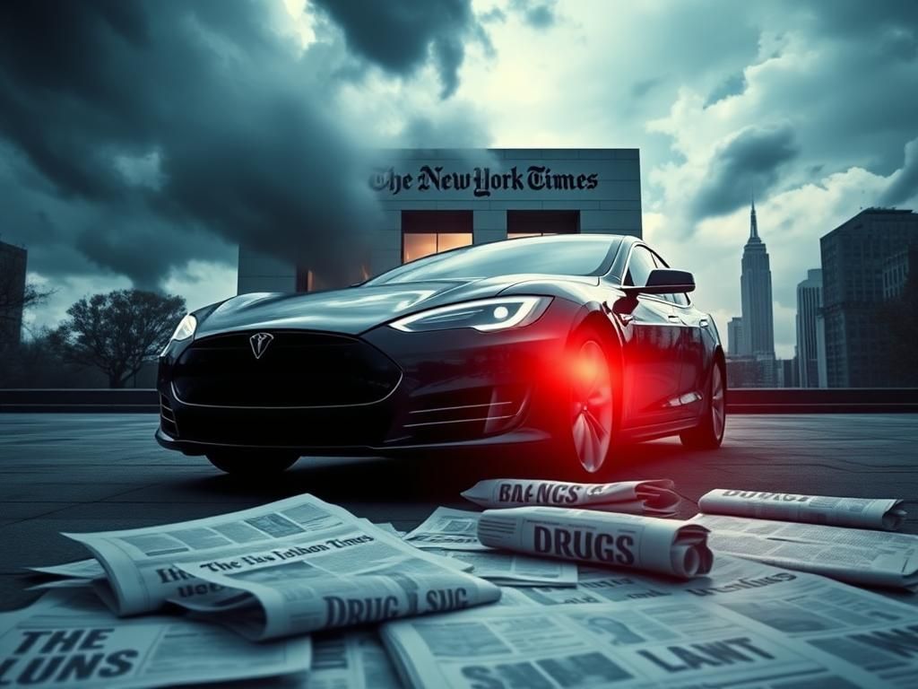 Flick International High-tech Tesla car parked beneath the New York Times building, symbolizing conflict over drug use report