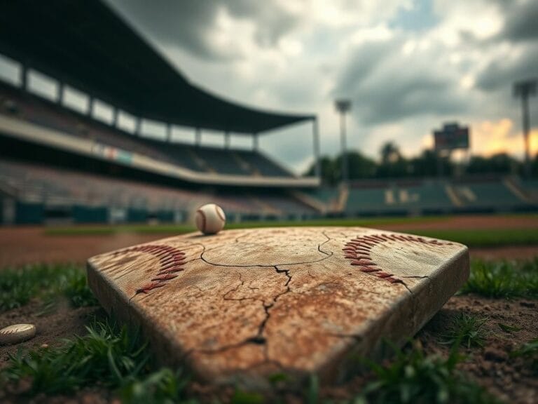 Flick International Close-up of a weathered baseball home plate surrounded by green grass and old baseballs