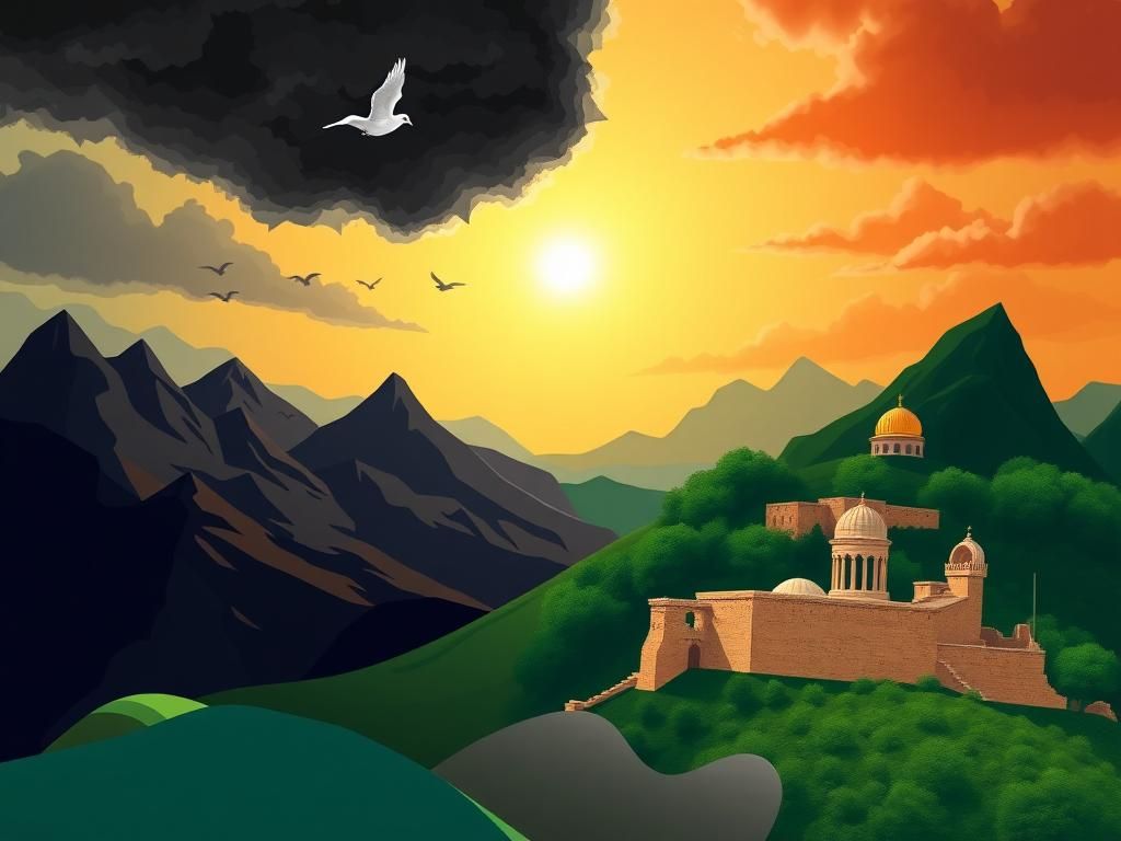 Flick International A dramatic landscape representation of the Middle East symbolizing conflict and peace