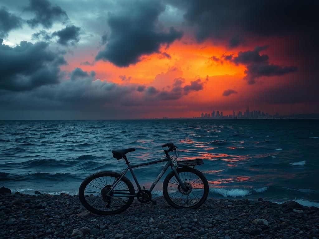 Flick International Abandoned bicycle on rocky shore with stormy Caspian Sea in background
