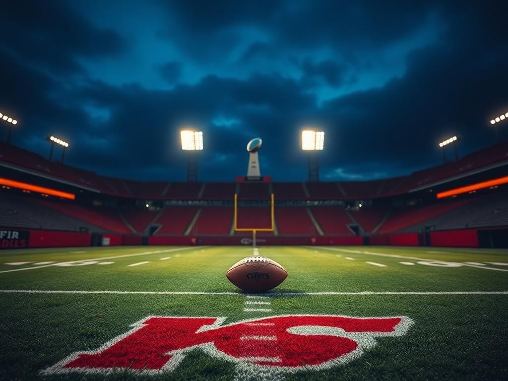 Flick International An empty football field at dusk with Kansas City Chiefs colors and a single football symbolizing future victories.