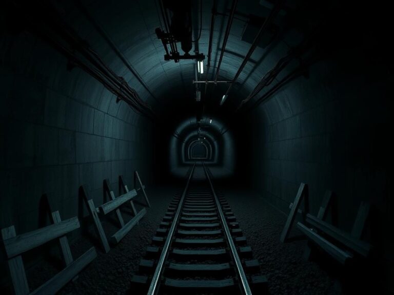 Flick International Dark underground tunnel used for drug smuggling, showcasing reinforced concrete walls and electrical wiring.