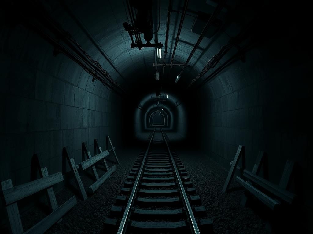 Flick International Dark underground tunnel used for drug smuggling, showcasing reinforced concrete walls and electrical wiring.