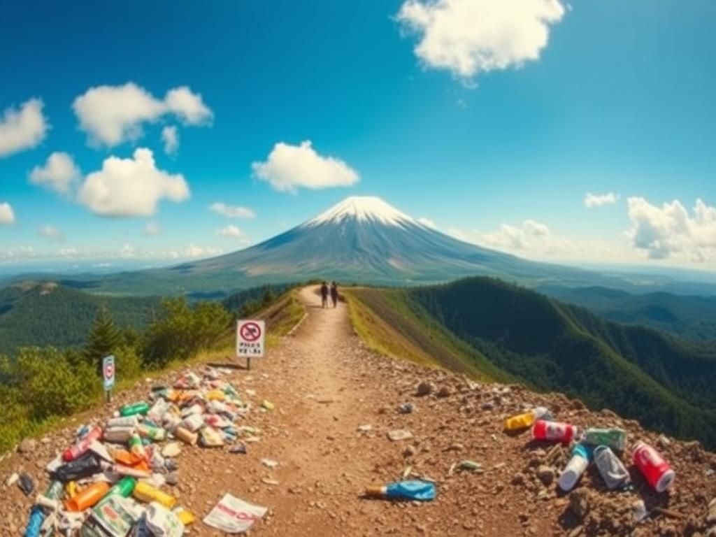 Flick International Panoramic view of Mount Fuji with clear blue skies and littered trail