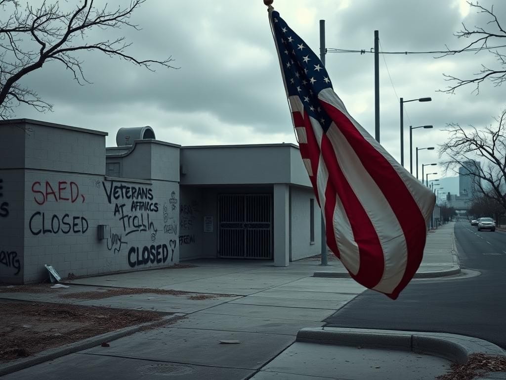 Flick International A closed Veterans Affairs clinic in Los Angeles with a 'Closed' sign and graffiti on the walls, portraying the impact of anti-ICE riots on veterans