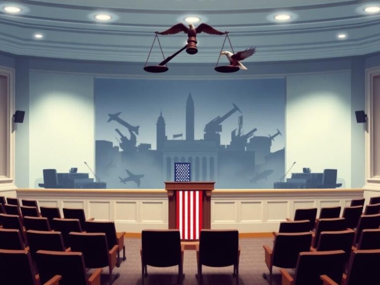 Flick International A divided Senate chamber illuminated with soft lights, featuring empty seats and an American flag podium, symbolizing the debate over war powers.