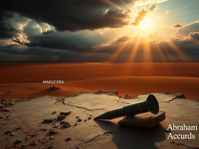 Flick International A dramatic landscape depicting the tension in the Middle East with a shattered concrete piece and a ballistic missile.