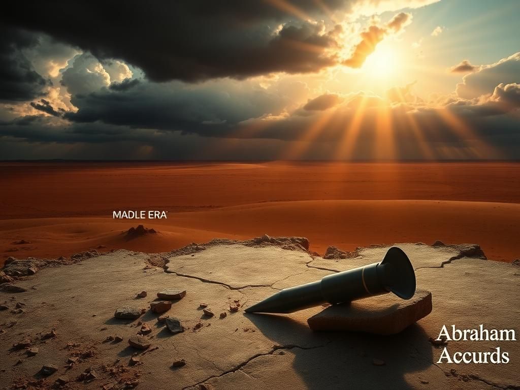 Flick International A dramatic landscape depicting the tension in the Middle East with a shattered concrete piece and a ballistic missile.