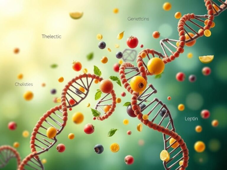 Flick International Abstract depiction of DNA double helixes intertwined with colorful fruits and vegetables
