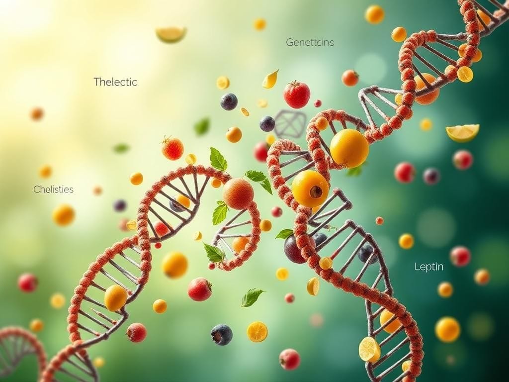 Flick International Abstract depiction of DNA double helixes intertwined with colorful fruits and vegetables