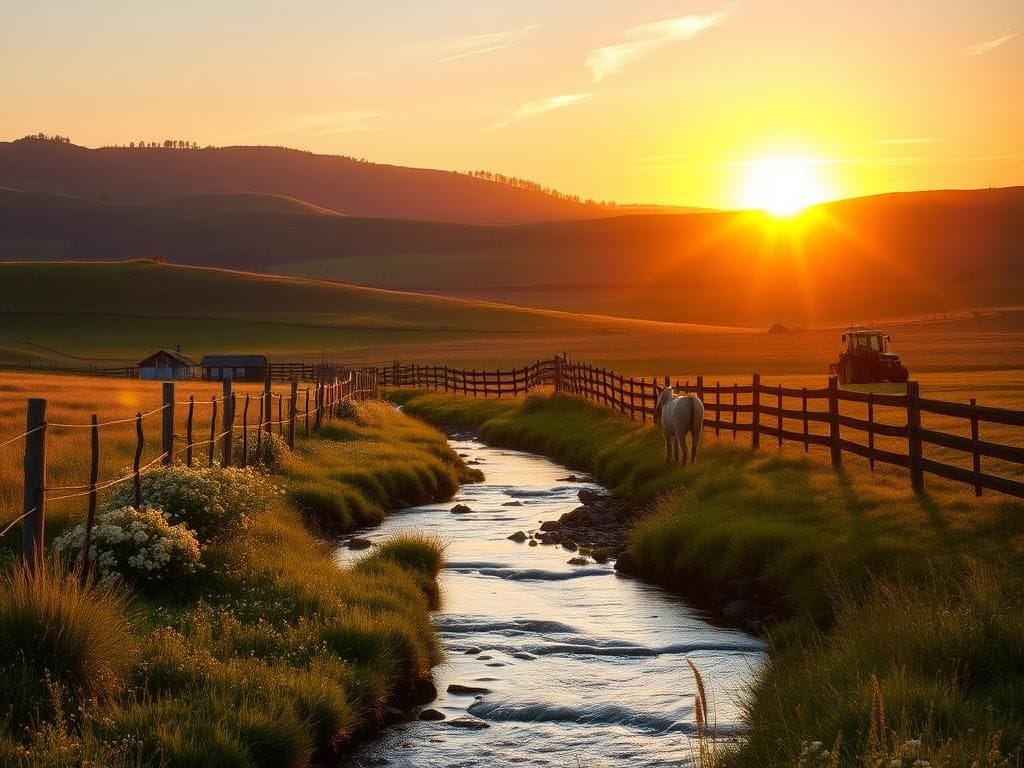 Flick International Serene countryside landscape with rolling hills and a rustic farmhouse at golden hour