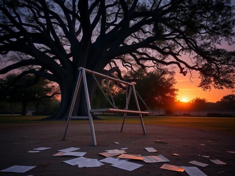 Flick International A serene park with a swing set and an aged oak tree, symbolizing reflection on youth and identity.