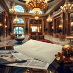 Flick International Luxurious hotel lobby with ornate decorations and lavish gifts symbolizing excess