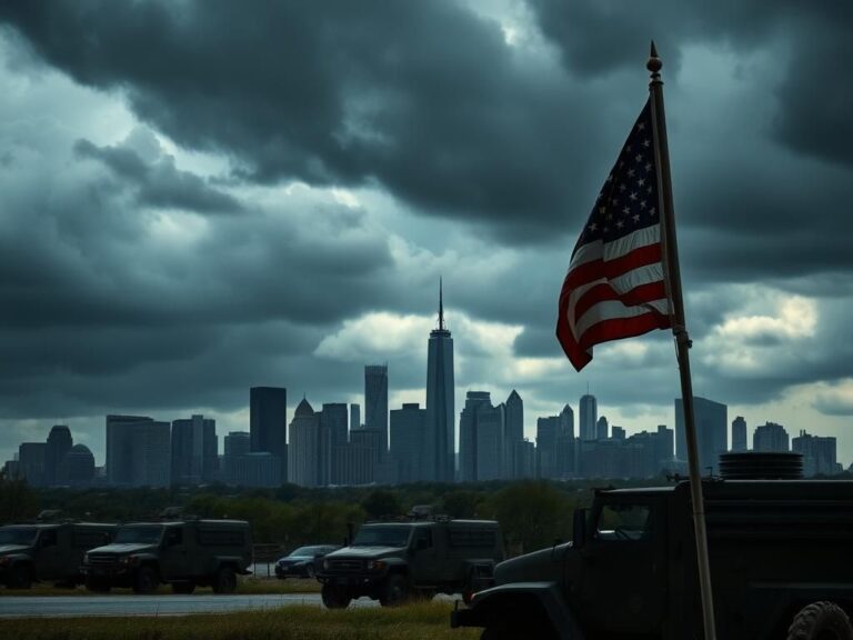 Flick International Dramatic overcast skyline of a large American city with a subtle military presence