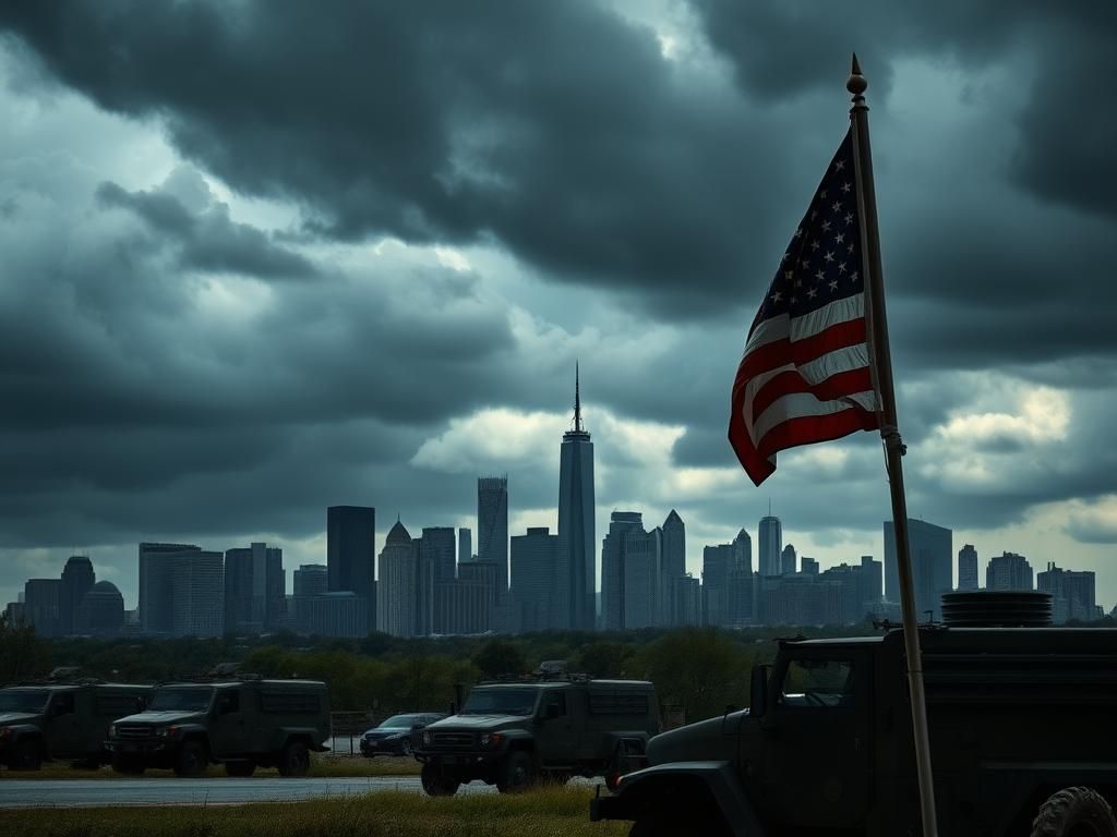 Flick International Dramatic overcast skyline of a large American city with a subtle military presence