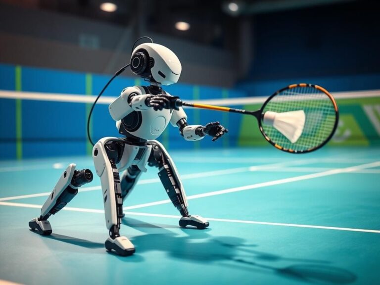 Flick International Dynamic quadruped robot ANYmal-D poised to strike a shuttlecock in a badminton court setting