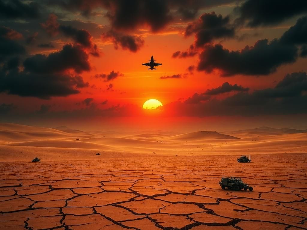Flick International Sunset over desert landscape with military aircraft silhouette