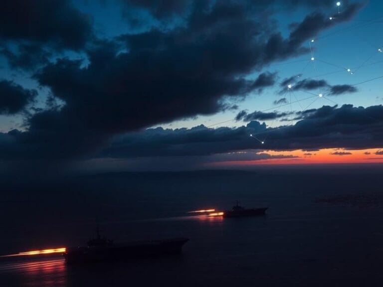 Flick International Aerial view of U.S. Navy aircraft carriers and missile launches in a twilight desert landscape
