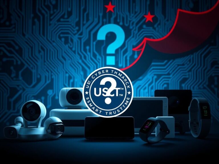 Flick International Close-up of U.S. Cyber Trust Mark on smart home devices amid digital circuit board background