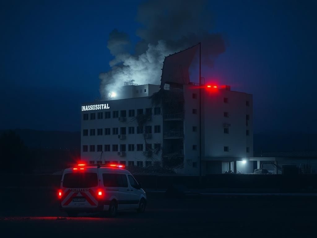 Flick International Damage to a modern Israeli hospital from a missile strike, with emergency lights illuminating the scene