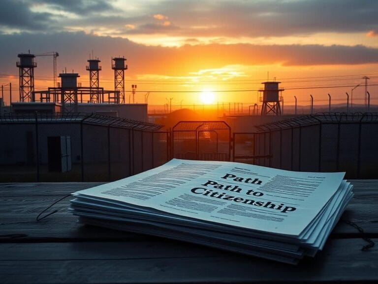 Flick International A sprawling immigration detention facility surrounded by chain-link fences and barbed wire, with documents on a table indicating a path to citizenship