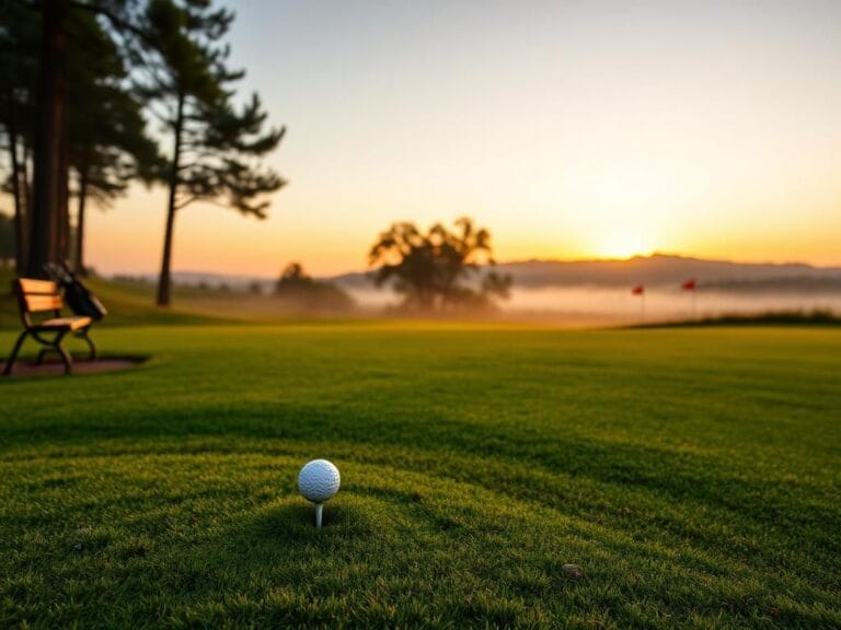 Flick International Serene golf course landscape at dawn with a golf tee, ball, and clubs