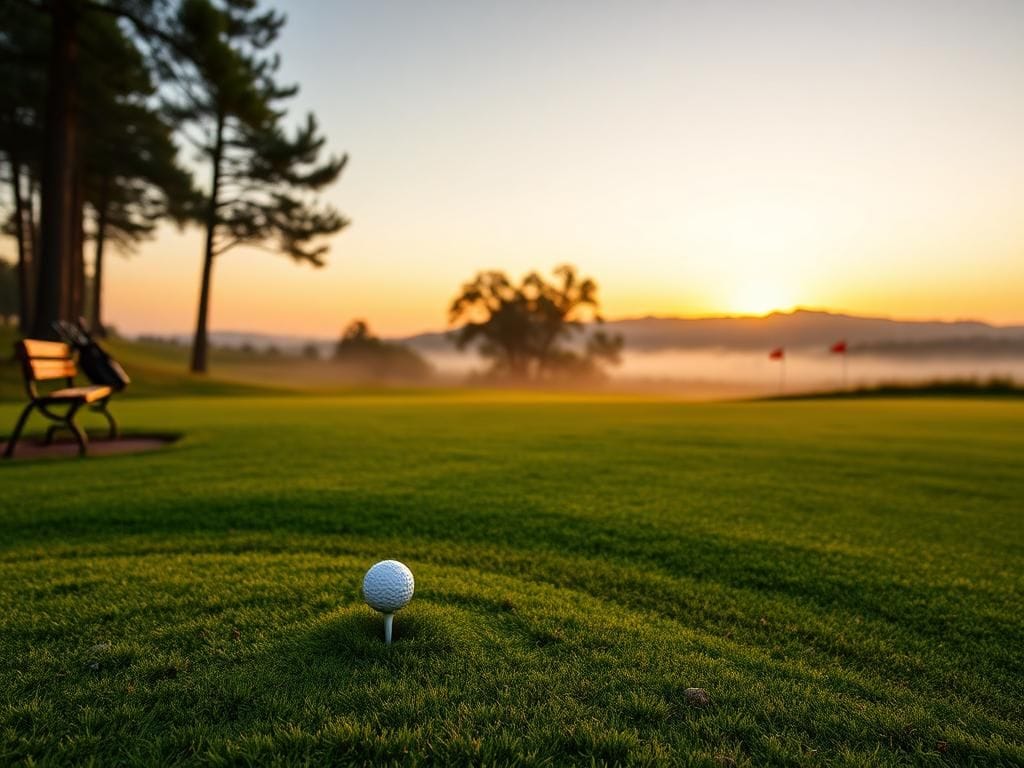 Flick International Serene golf course landscape at dawn with a golf tee, ball, and clubs